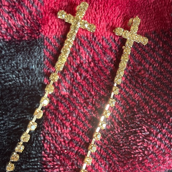Long cross earrings champagne color crystal 2.5” long vtg 80s Dangling pierced - Picture 4 of 4